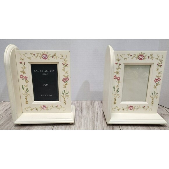 Laura Ashley Bookend Frame Holds 3 x 5 photo Ivory with Flowers Cottage Set of 2 - Picture 1 of 14